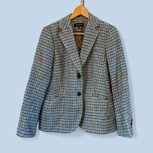 Women Talbots Blue/Multicolor Houndstooth Wool Blend Blazer-Size 10 *Runs Small